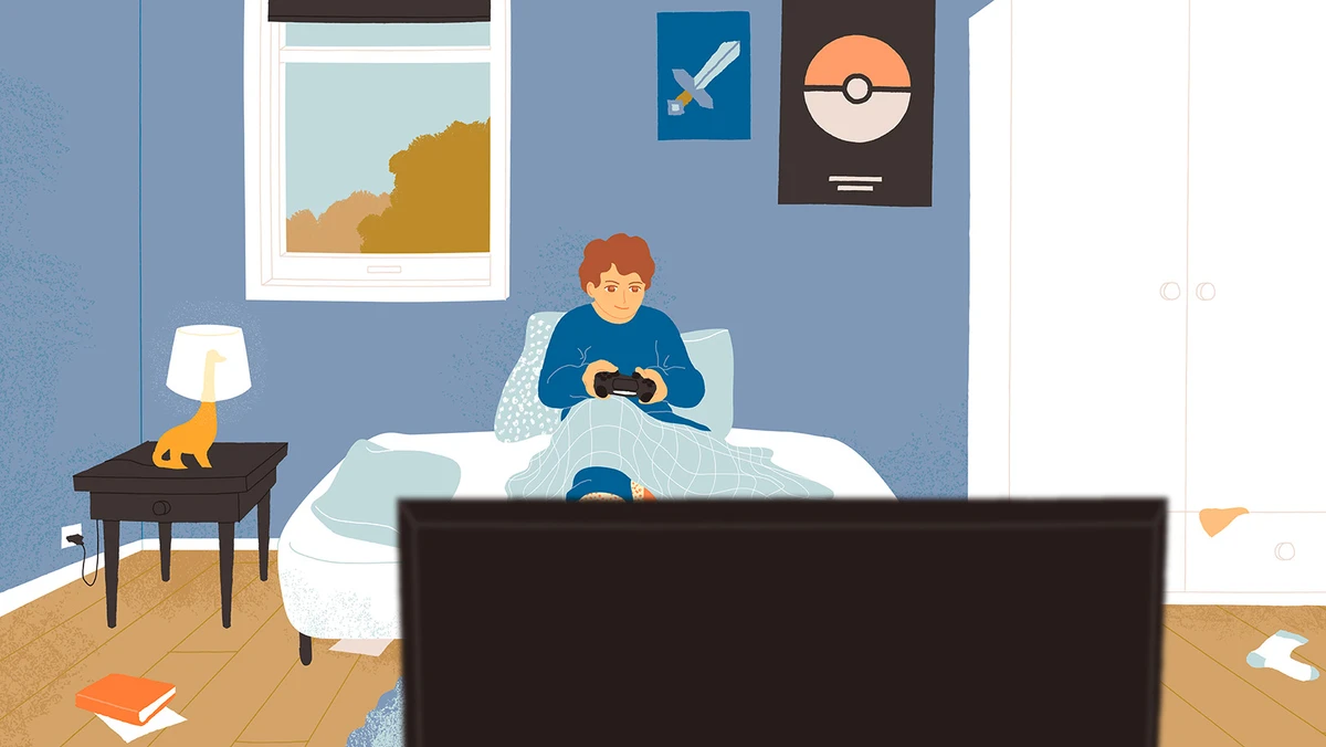 Et barn spiller digitale spil på sit værelse.