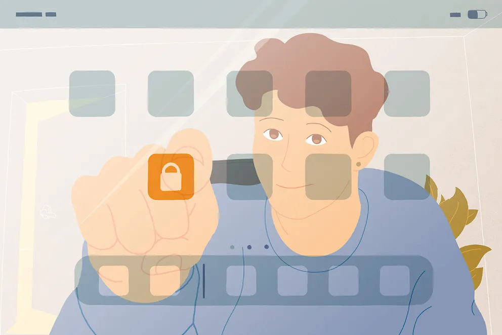 En voksen trykker på skærmen på en tablet.